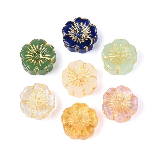 Mixed Colours: Mixed embossed glass flower beads with gold detailing in blue, green, blush, clear and yellow.