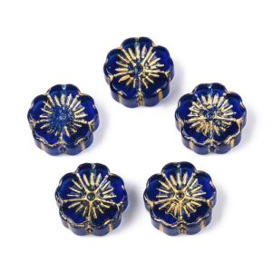 Blue: Deep blue embossed glass flower beads with fine gold floral detailing for jewellery making.