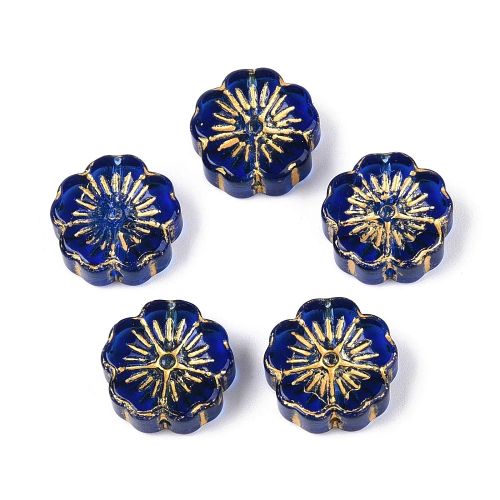 Blue: Deep blue embossed glass flower beads with fine gold floral detailing for jewellery making.