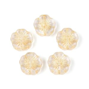 Clear: Clear embossed glass flower beads with subtle gold detailing for jewellery and craft designs.