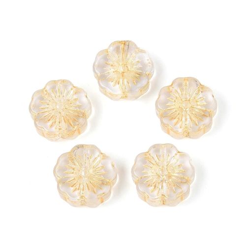 Clear: Clear embossed glass flower beads with subtle gold detailing for jewellery and craft designs.