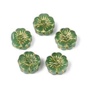 Green: Green embossed glass flower beads with decorative gold floral detailing.