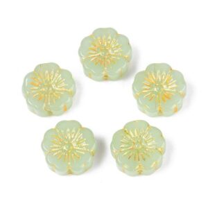 Light Green: Pale green embossed glass flower beads with delicate gold floral detailing.