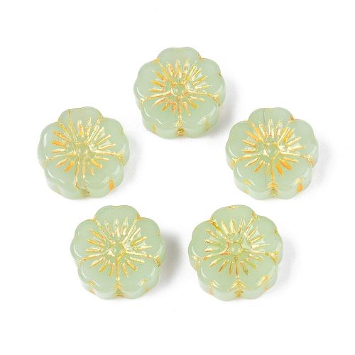 Light Green: Pale green embossed glass flower beads with delicate gold floral detailing.