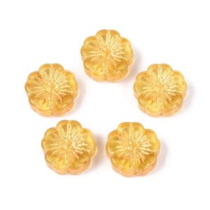 Yellow: Golden yellow embossed glass flower beads with fine floral detailing.