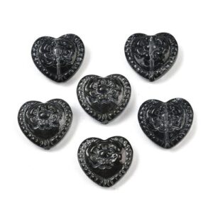 Six Black embossed floral heart-shaped glass beads for jewellery making, measuring approximately 16mm x 18mm.