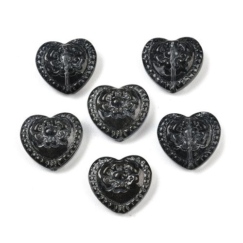 Six Black embossed floral heart-shaped glass beads for jewellery making, measuring approximately 16mm x 18mm.