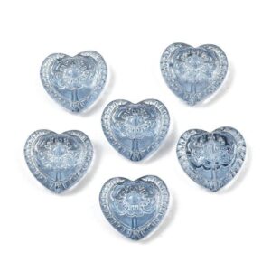 Six blue embossed floral heart-shaped glass beads for jewellery making, measuring approximately 16mm x 18mm.