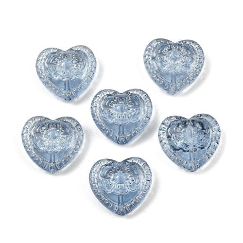Six blue embossed floral heart-shaped glass beads for jewellery making, measuring approximately 16mm x 18mm.