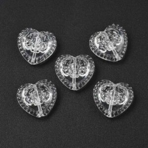 Six Clearembossed floral heart-shaped glass beads for jewellery making, measuring approximately 16mm x 18mm.