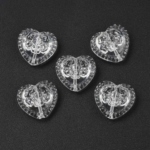 Six Clearembossed floral heart-shaped glass beads for jewellery making, measuring approximately 16mm x 18mm.
