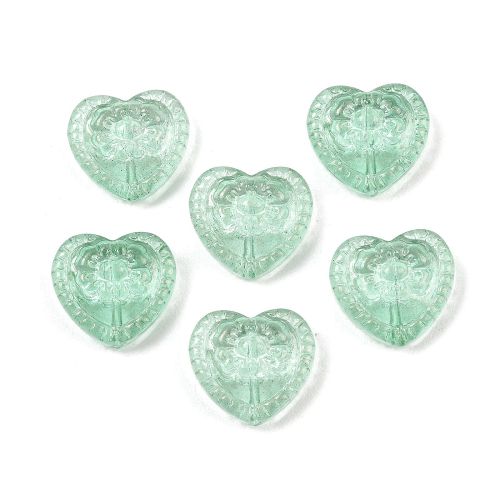 Six mint green embossed floral heart-shaped glass beads for jewellery making, measuring approximately 16mm x 18mm.