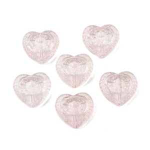 Six Pink embossed floral heart-shaped glass beads for jewellery making, measuring approximately 16mm x 18mm.
