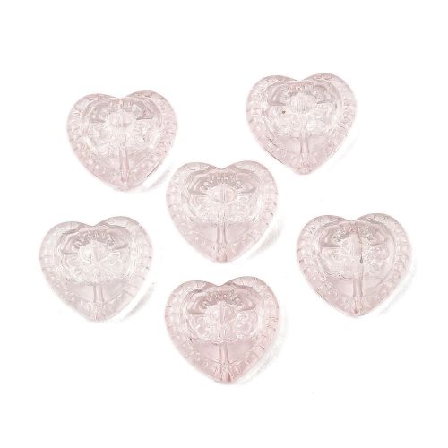 Six Pink embossed floral heart-shaped glass beads for jewellery making, measuring approximately 16mm x 18mm.