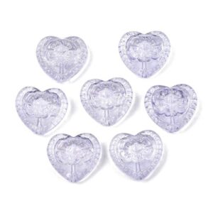 Six lilac embossed floral heart-shaped glass beads for jewellery making, measuring approximately 16mm x 18mm.