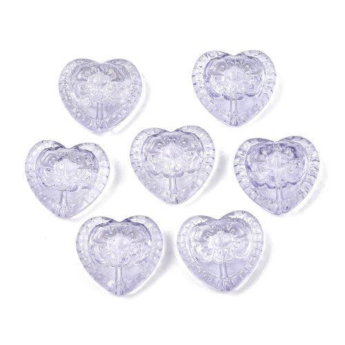 Six lilac embossed floral heart-shaped glass beads for jewellery making, measuring approximately 16mm x 18mm.