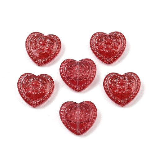 Six red embossed floral heart-shaped glass beads for jewellery making, measuring approximately 16mm x 18mm.