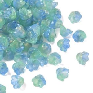 Blue: Blue and green ombre glass flower bead caps with a subtle glitter finish, 12 x 8mm.
