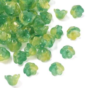 Green: Green and yellow ombre glass flower bead caps with a subtle glitter finish, 12 x 8mm.