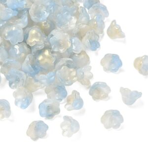 Light Blue: Pale blue and ivory ombre glass flower bead caps with a soft glitter finish, 12 x 8mm.