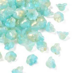 Teal: Teal and pale green ombre glass flower bead caps with a soft glitter finish, 12 x 8mm.