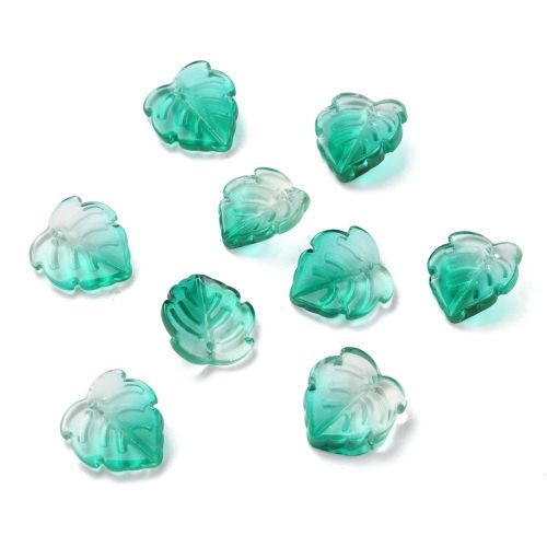 Teal: Teal ombre glass leaf pendant beads with raised vein detail and a smooth translucent finish.