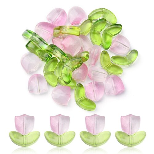 Pink glass tulip flower beads with green leaves and stems for beaded floral jewellery and craft projects.