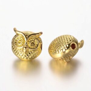 Gold: Gold owl spacer beads with detailed eyes, textured feathers and a side threading hole.