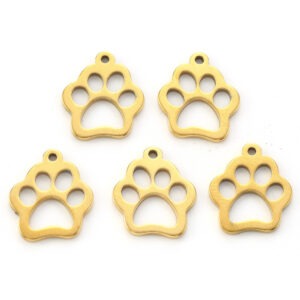 Gold paw print charms with cut-out details and top loops for jewellery making.