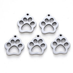 Silver paw print charms with cut-out details and top loops for jewellery making.