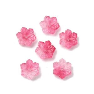 Pink: Bright pink two-tone glass flower bead caps with layered floral detail for jewellery making.