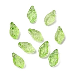 Green: Fresh green glass leaf bead pendants with carved detail for floral jewellery and beaded crafts.