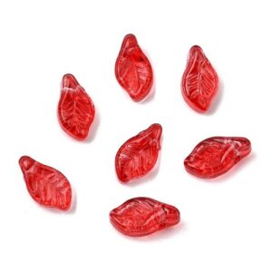 Red: Red glass leaf bead pendants with carved vein detail for bold jewellery and festive designs.