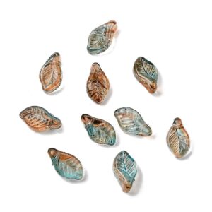 Teal-Brown: Teal and brown glass leaf bead pendants with natural two-tone detail for woodland jewellery.