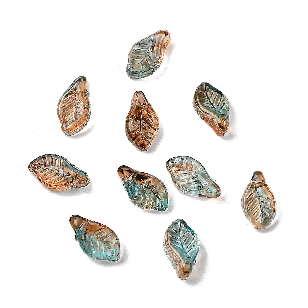 Teal-Brown: Teal and brown glass leaf bead pendants with natural two-tone detail for woodland jewellery.