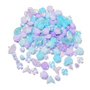 Blue and Purple iridescent shell, flower and pearl bead mix for jewellery making and coastal craft projects.