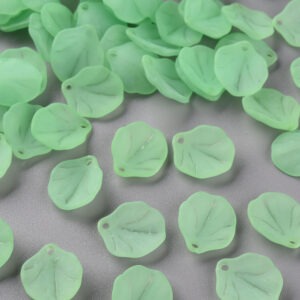 Frosted pale green leaf beads with detailed veins for floral jewellery making, beaded flowers and craft projects.
