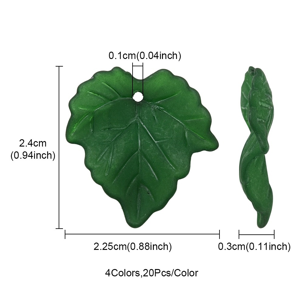 Frosted green lucite leaf bead measuring approximately 24mm x 22.5mm with 1mm hole