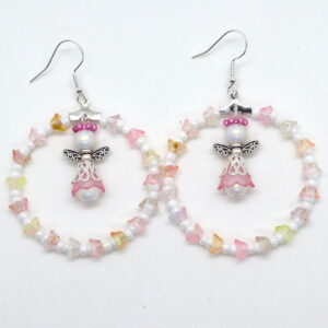 Angel in Bloom earrings with pink Lucite flowers, pearls and silver angel wings