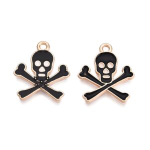 Black skull and crossbones enamel charm with gold finish for Halloween jewellery making