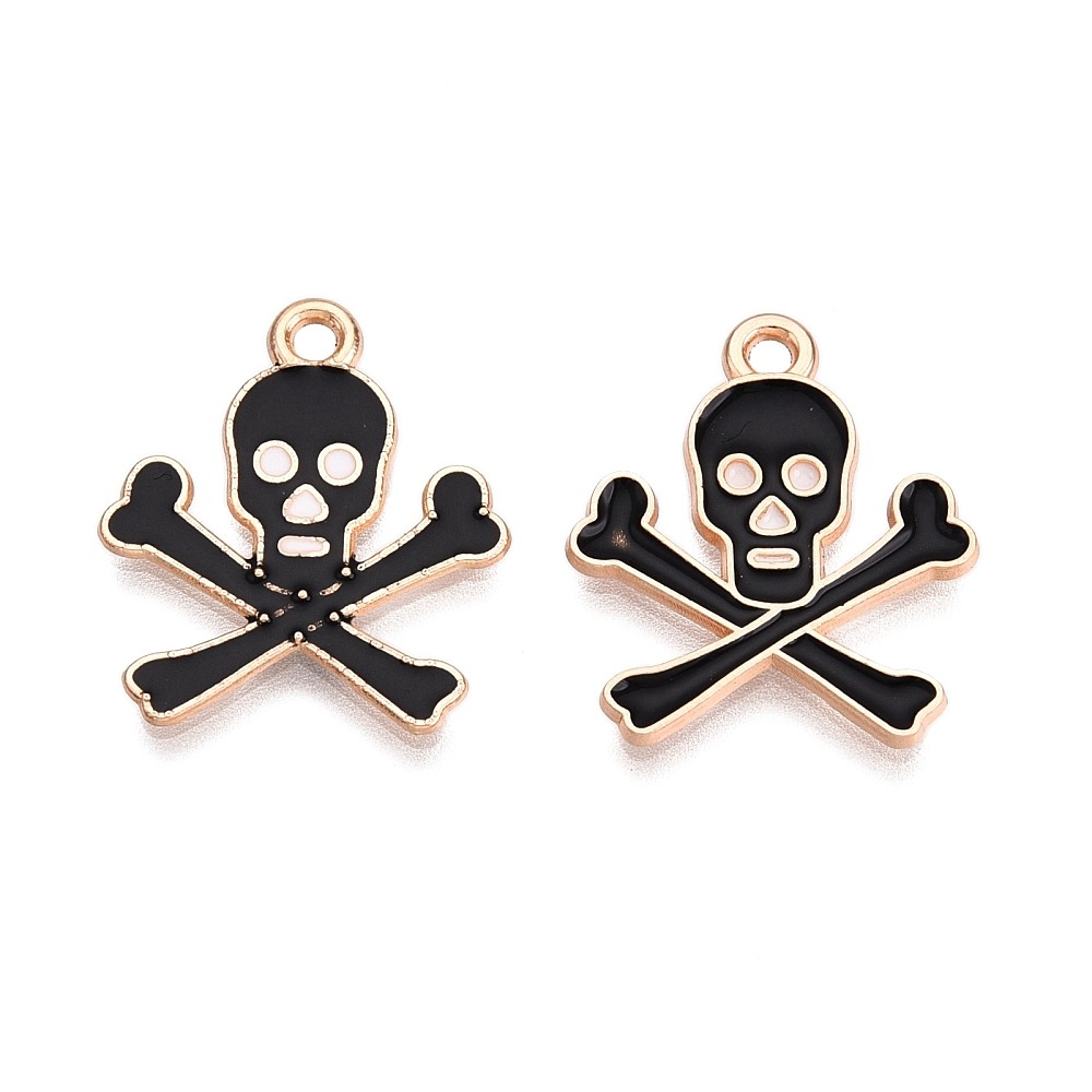 Black skull and crossbones enamel charm with gold finish for Halloween jewellery making