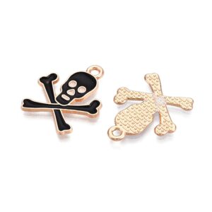 Black skull and crossbones enamel charm with gold finish for Halloween jewellery making