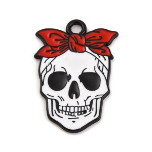 Black and white skull enamel charm with red bow for Halloween jewellery making