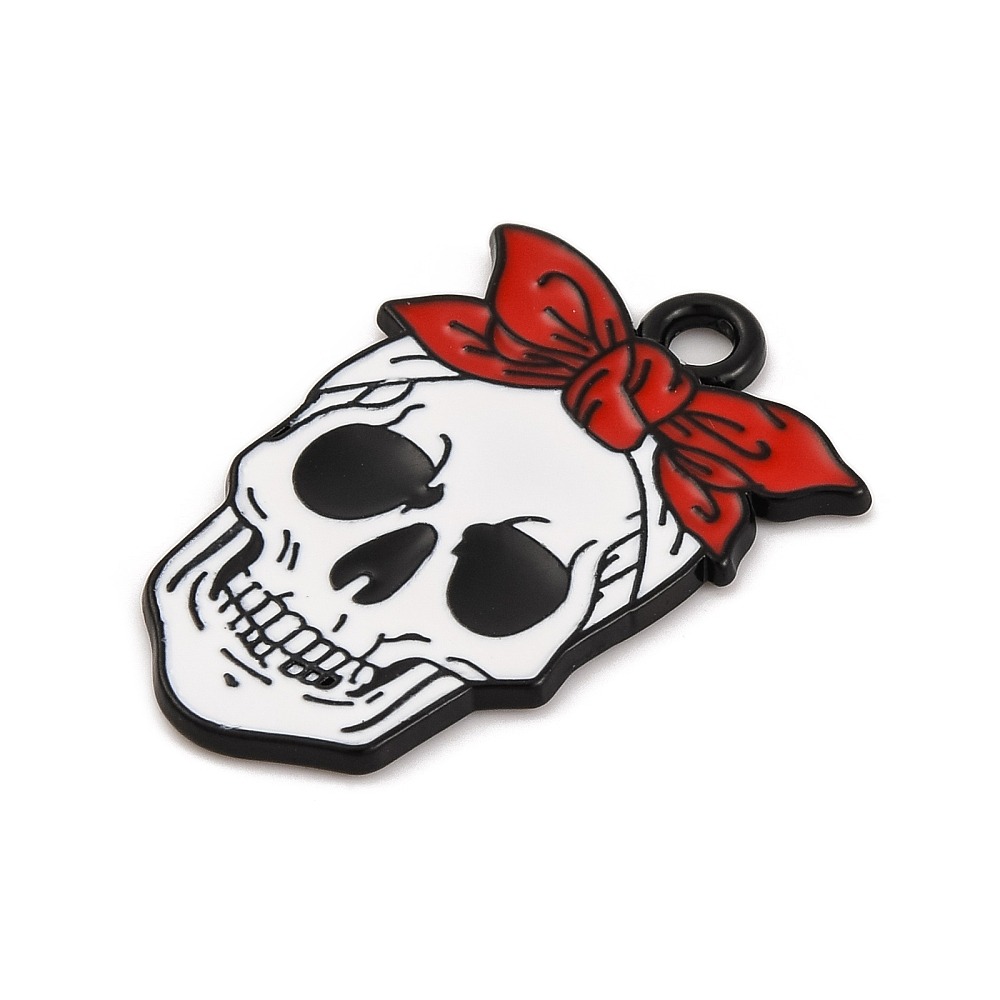 Black and white skull enamel charm with red bow for Halloween jewellery making
