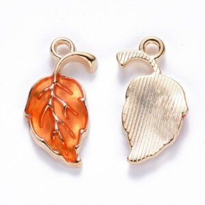 Orange enamel autumn leaf charms with a light gold finish from Riverside Beads, sold in packs of five.