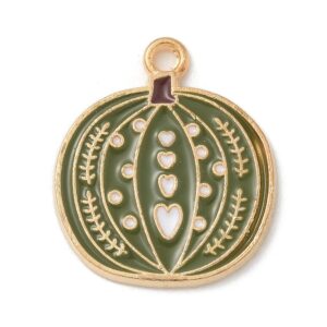 Green enamel pumpkin charm with gold detail and small white heart for autumn jewellery making