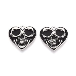 Black and silver heart skull charms from Riverside Beads, sold in packs of five for Halloween and gothic jewellery.