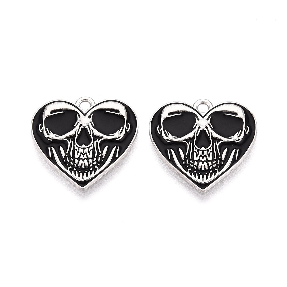 Black and silver heart skull charms from Riverside Beads, sold in packs of five for Halloween and gothic jewellery.