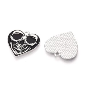 Black and silver heart skull charms from Riverside Beads, sold in packs of five for Halloween and gothic jewellery.