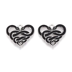 Black and silver enamel snake heart charms from Riverside Beads, sold in packs of five for gothic and Halloween jewellery.